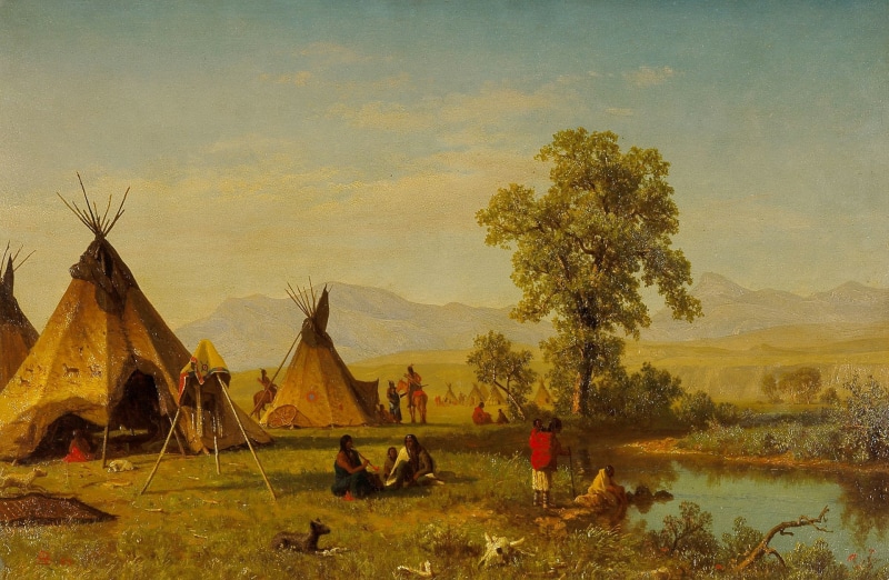1080P, Albert Bierstadt, The village of the Sioux near Fort Laramie, picture, wigwam, landscape