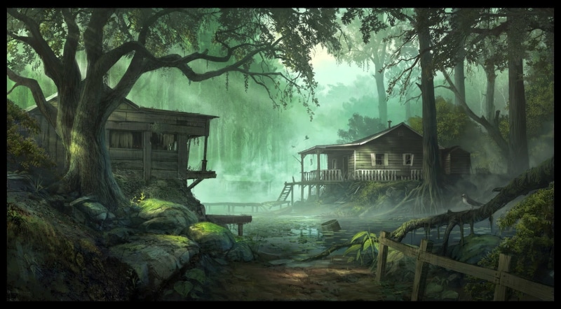 720P, outdoors, no people, shack, built structure, house, digital art, trunk, concept art, houses, plant, tree trunk, tree, building, water, Andree Wallin