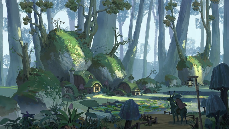 swamp, village, fantasy art, digital art, 1080P, forest, Pixel Cat, mushroom, lantern