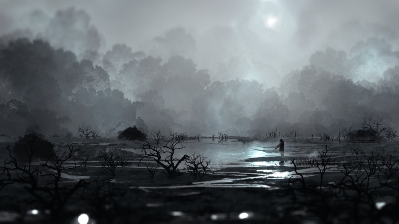 swamp, dark, grey, 2K, artwork, landscape