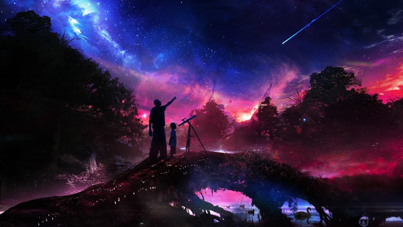 2K, backgrounds, light - Natural Phenomenon, silhouette, mountain, sky, adventure, galaxy, nature, painting, dark, landscape, father, nebula, outdoors