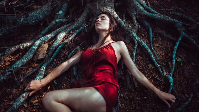 beauty, legs, adult, lying down, contemplation, young women, hair, long hair, young adult, dress, portrait, forest, woodland, 1080P, three quarter length