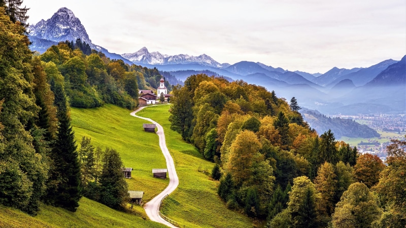garmisch-partenkirchen, germany, 4K, mountain range, road, mountain village, garmisch partenkirchen, mountain, church, europe, countryside, alps, bavarian alps
