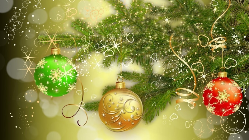 spruce, gold, sparkle, tinsel, stars, balls, feliz navidad, 1080P, bright, shine, tree, green, christmas