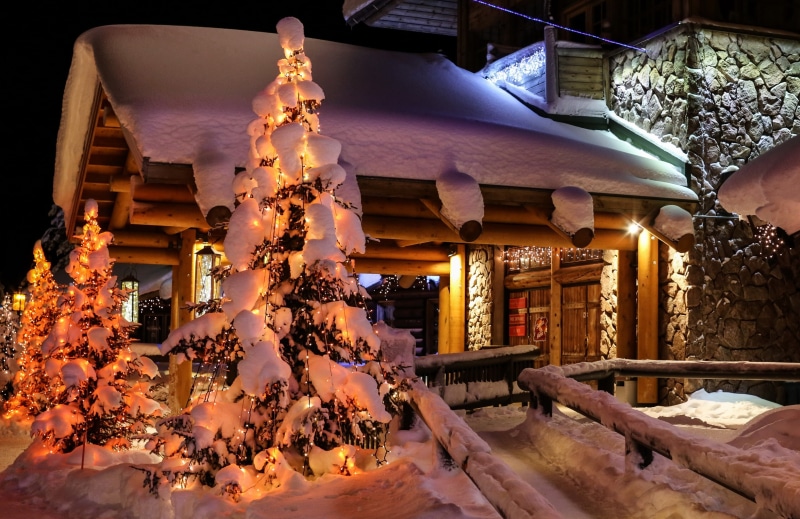 Lapland, Nature, winter, spruce, house, Night, city, 2K, Finland, snow, photo