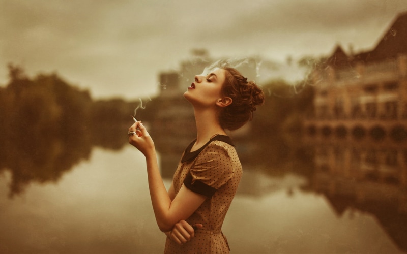 beauty, women, beautiful woman, 1080P, arms on chest, smoking, social issues, dot, sepia, polka dots, young adult, s, fashion, hairstyle, cigarettes, glamour
