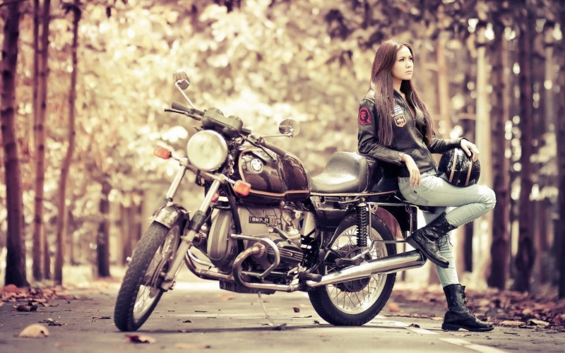 outdoors, street, 720P, motorcycle, retro Styled, females, day, adult, mode of transportation, photography, jacket, woman, portrait, leisure Activity