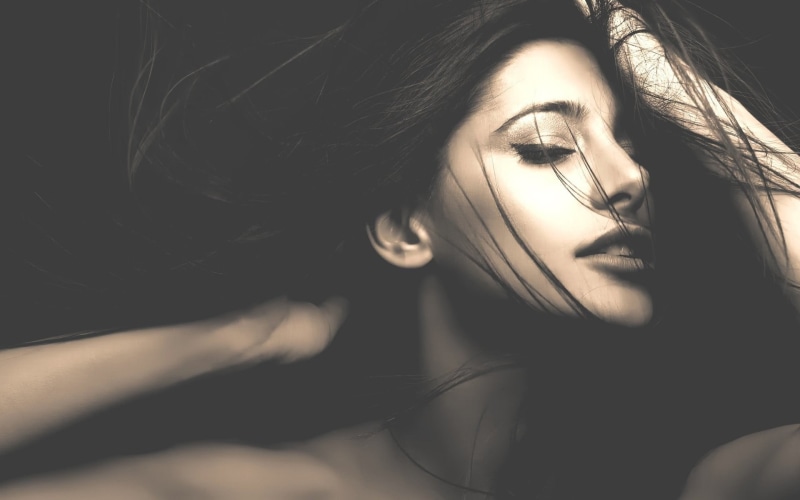 s, close-up, human face, Nargis Fakhri, beauty, women, 1080P, sepia, long hair, indoors, closed eyes, photography, hair, model, portrait, one person, real people