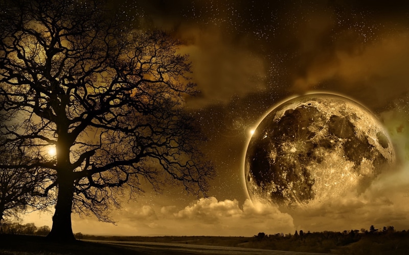 sepia, Moon, fantasy art, nature, space, stars, landscape, 1080P, space art, sky, digital art