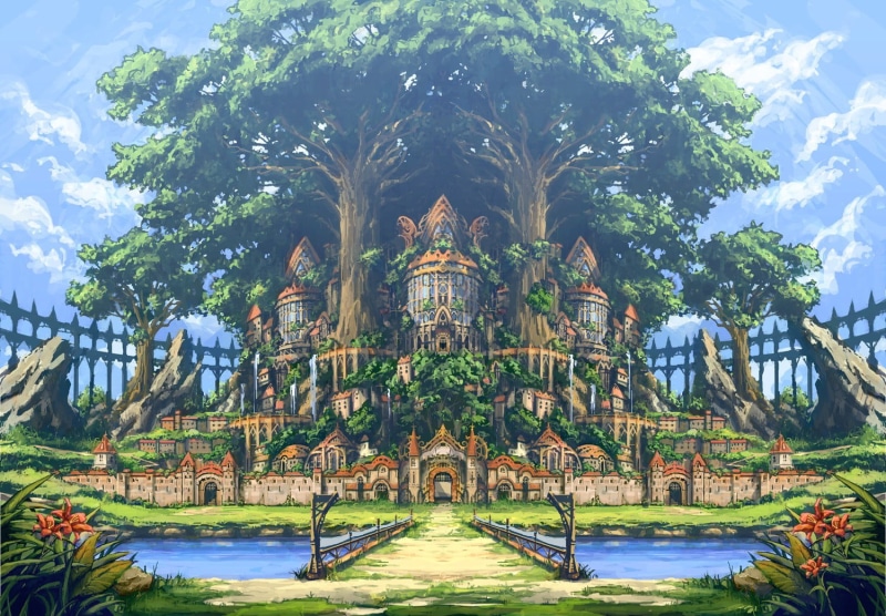 travel destinations, plant, building exterior, painting, lake, building, belief, religion, outdoors, built structure, 720P, castle, nature, place of worship