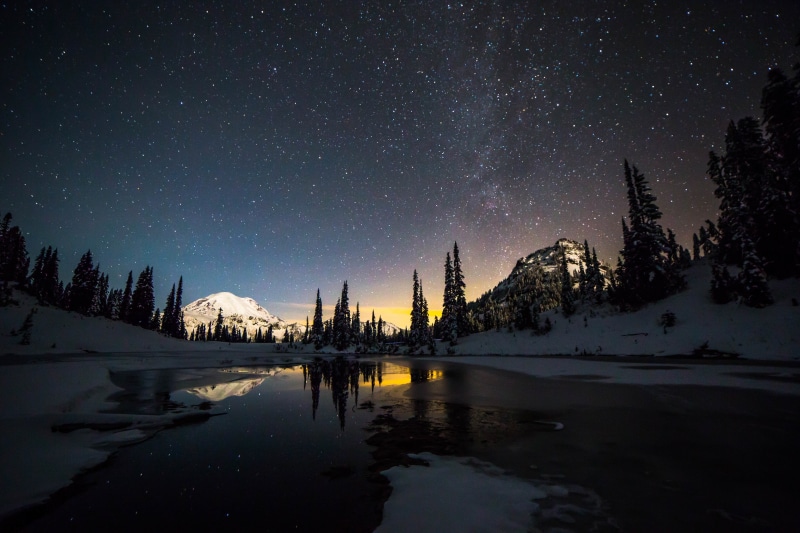 tress, lake, water, tranquility, stars, 5K, no people, beauty in nature, star - space, space, tree, tranquil scene, night, nature, star, pine, snow, sky