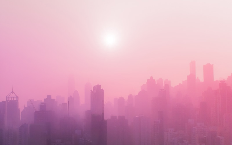 residential district, pink, 4K, urban, sunlight, air pollution, financial district, city life, smog, outdoors, building exterior, city, landscape, sun