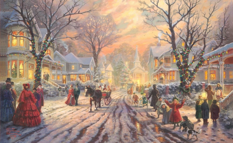 architecture, celebration, crowd, building exterior, people, warm clothing, Victorian, painting, Christmas, city, tree, real people, kinkade, winter, thomas