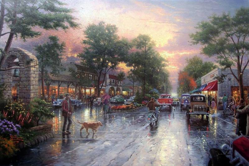 cars, street, thomas, 1080P, animals, painting, thomas kinkade, avenue, sunset, houses, town, kinkade, carmel, ocean, city