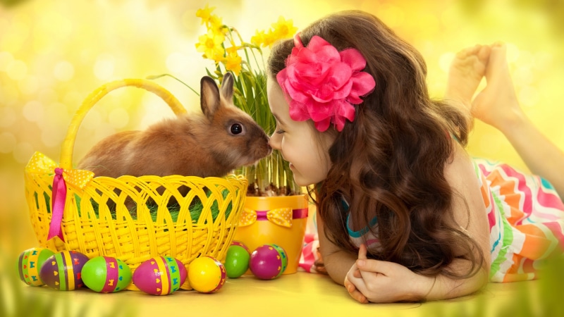 barefoot, real people, flower in hair, plant, eggs, easter egg, children, girls, leisure activity, nature, childhood, one person, 4K, rabbit, flowering plant