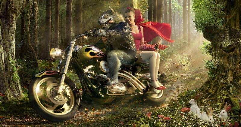 motorcycle, outdoors, rabbits, wolf, statue, art and craft, land, nature, craft, transportation, Little Red Riding Hood, land vehicle, no people