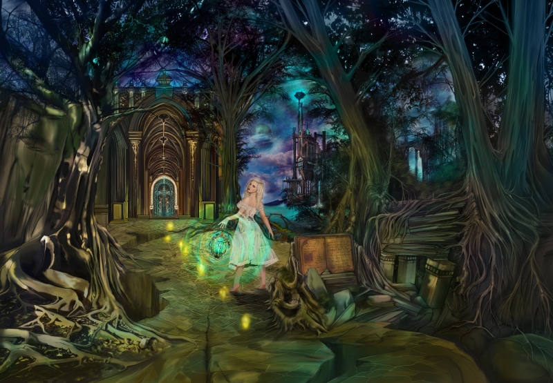 fantasy, tale, fairy, lights, folio, lantern, forest, night, trees, fireflies, 5K, the Keeper of dreams, wonderland, runes, the portal, clouds, castle