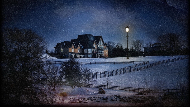 building exterior, cold temperature, lights, night, architecture, scenics - nature, illuminated, painting, dusk, history, sky, the past, no people, forest