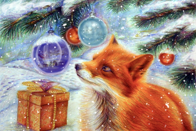 brown, art, season, decoration, vertebrate, Fox, no people, sniffing, bauble, sphere, spruce Tree, winter, holiday, year, animal themes, ornate, snow, christmas Tree