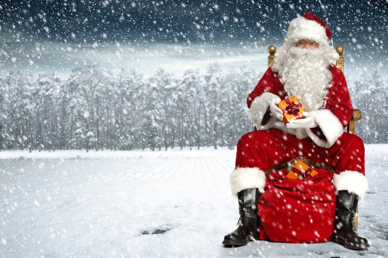 santa hat, bag, gift, background, emotion, gifts, coat, holiday - event, snow, bokeh, claus, boots, on the chair, winter, beard, men, Santa Claus