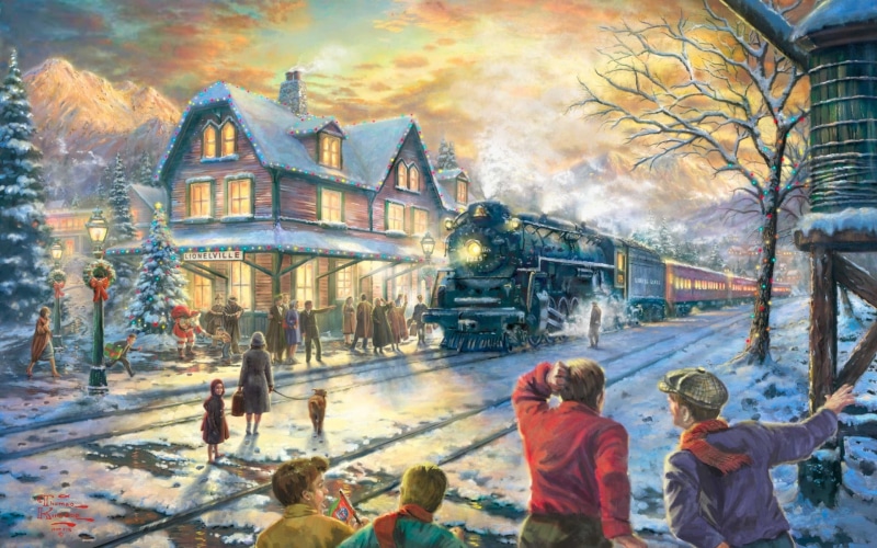 tracks, winter, 1080P, snow, holidays, christmas, rustic, seasons, kinkade, trains, houses, people, aboard, thomas, art