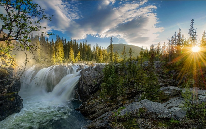 nature, waterfall, 1080P, rays, pine, landscape, forest, sun rays, sunset, mist, river, trees, hill, rock, sun