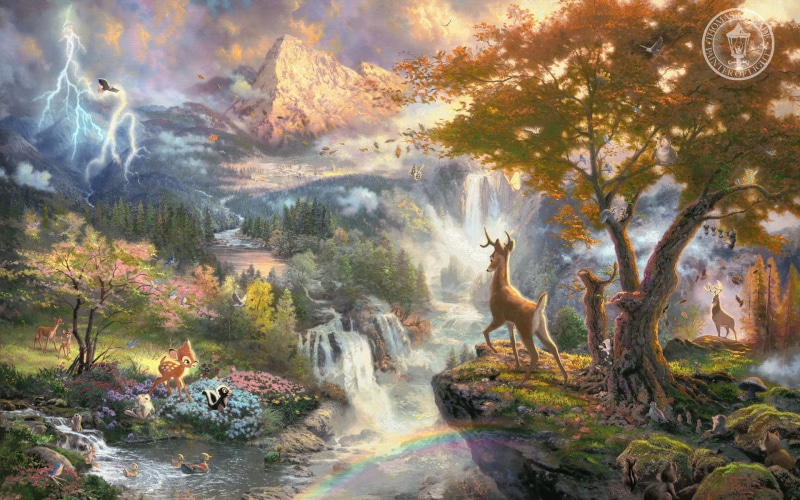thomas kinkade, cartoons, bambie, movies, landscapes, artistic, disney, animals, nature, 1080P, paintings, cute, kinkade