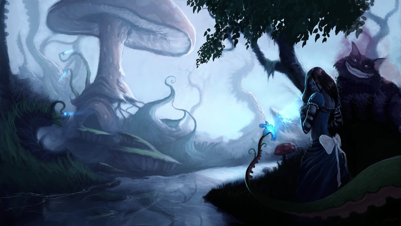 drawing, fantasy, alice, wonderland, in, cat, 1080P, hd, cheshire, mushroom