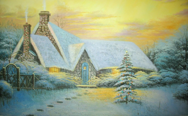 sky, outdoors, building, picture, snow, the past, tree, old ruin, ancient, spirituality, art, ruined, nature, Thomas Kinkade, history, season, 2K, archaeology