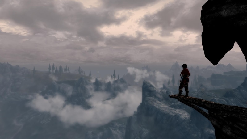 cold temperature, video games, sky, scenics - nature, cliff, architecture, leisure activity, mountain, beauty in nature, standing, winter, The Elder Scrolls V: Skyrim