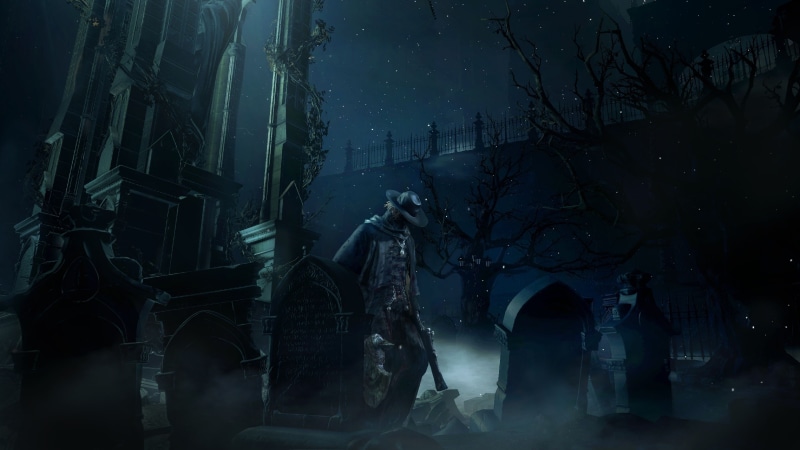 Yharnam, darkness, screenshot, interface, beast, review, standing, fog, gameplay, graveyard, Bloodborne, Cleric, 4K, man, game, Best Games 2015