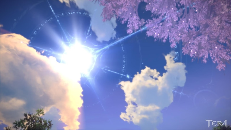 artwork, scenics - nature, tree, cherry blossom, bright, sky, plant, clouds, 1080P, sunlight, outdoors, blue, fragility, illuminated, cloud - sky, low angle view