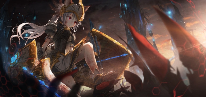 anime, red eyes, anime girls, armor, animal ears, dress, sword, Tera online, blood, 1080P