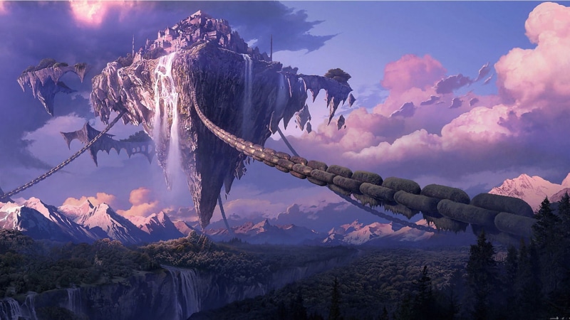 anime, Tera Online, fantasy Art, 1080P, digital art, landscape, forest, mountain, Floating Island, waterfall, chains