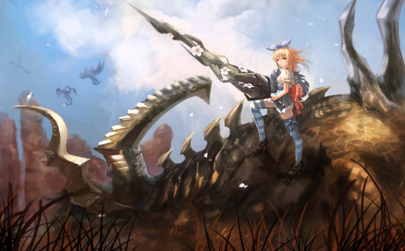 grass, weapon, bird, online, hair, bow, elin, sword, 2K, (artist), tera, thighhighs, long, magician, bones, animal, blonde, skirt