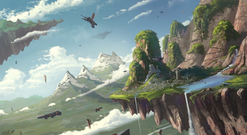 Artistic, water, mountain peak, flying, no people, tranquil scene, tranquility, animal, beauty in nature, animal themes, day, rock formation, Fantasy, vertebrate