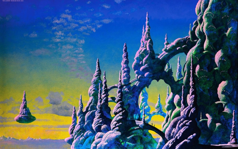 floating island, 1080P, Roger Dean, clouds, statue, rock, sculpture, painting, fantasy art, silhouette, people, architecture, spirituality, sky, day, ornate