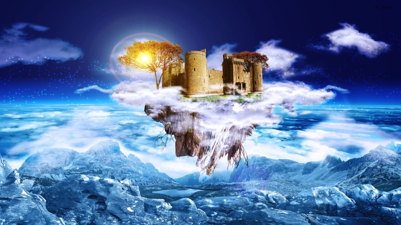 clouds, sky, lake, 1080P, rock, illuminated, winter, sunlight, architecture, digital art, building, nature, beauty in nature, water, castle, mountains