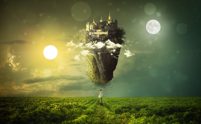 real people, photomanipulation, digital composite, sky, dayandnight, standing, Aero, Field, green color, landscape, growth, moonandsun, one person, Floating