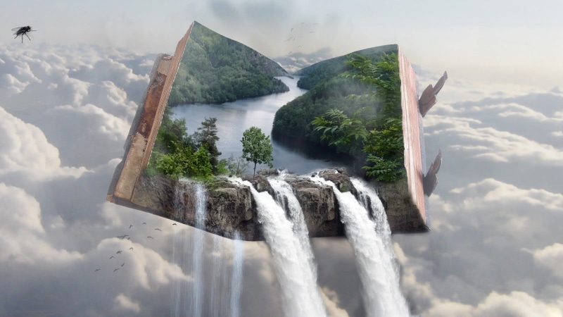 fantasy art, flowing water, built structure, outdoors, non-urban scene, plant, beauty in nature, long exposure, no people, 1080P, water, 3D, tranquility