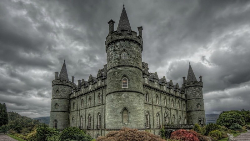 inveraray castle, low angle view, building, building exterior, overcast, scotland, cloudy, historic, rain, plant, tree, day, tower, history, sky, nature