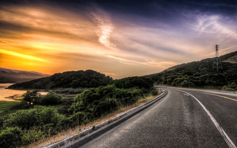 sunset, tree, road, landscape, highway, no people, land, cloud - sky, desktop backgrounds hd nature background 1920x1200, 1080P, mountain, diminishing perspective