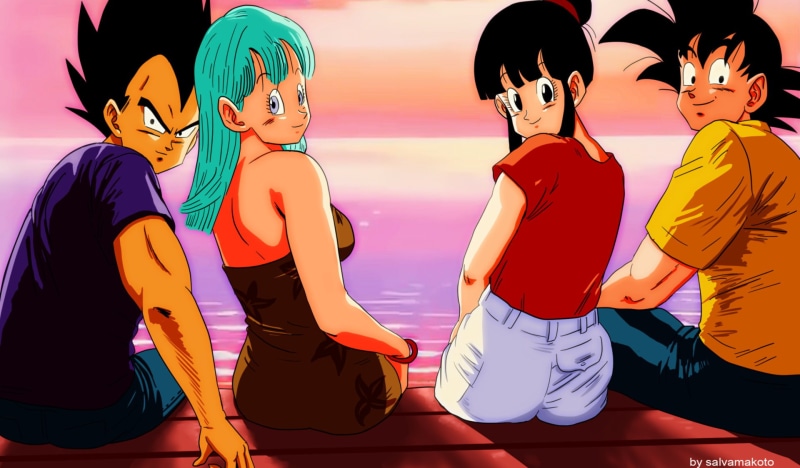 togetherness, Bulma (Dragon Ball), 1080P, multi colored, real people, adult, lifestyles, men, Dragon Ball Z, casual clothing, rear view, Dragon Ball, people