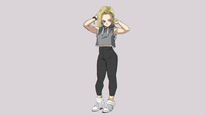 studio shot, blond hair, Dragon Ball Z, front view, young women, full length, beautiful woman, adult, hair, casual clothing, young adult, Dragon Ball, standing