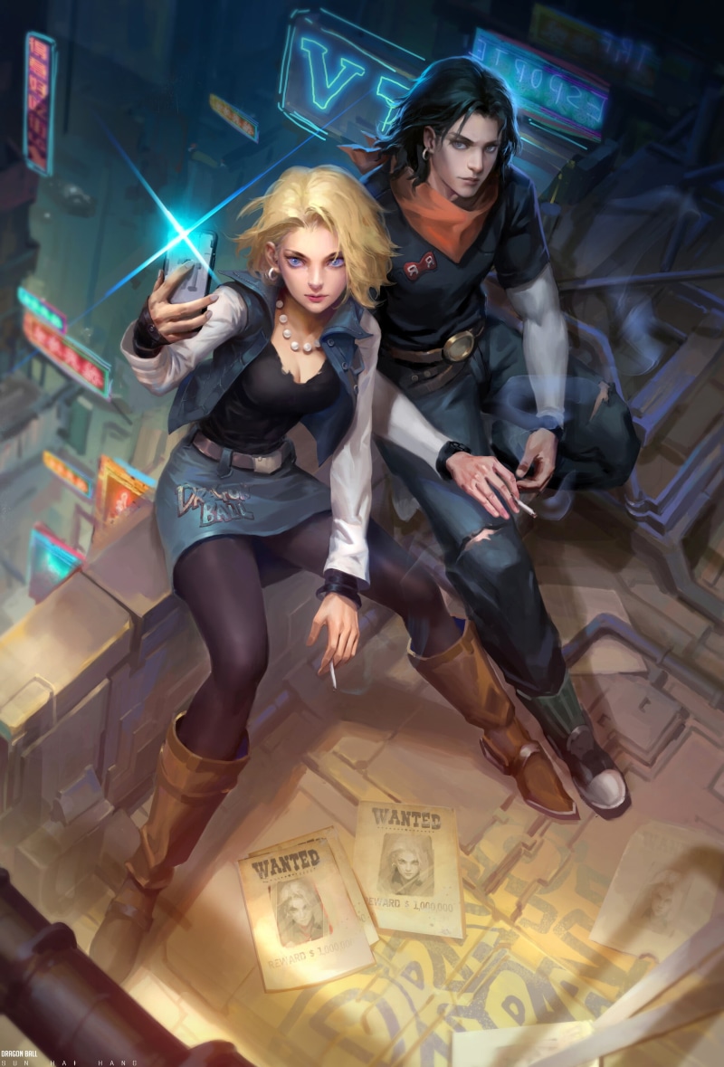 artwork, portrait display, Dragon Ball, digital art, Android 17, anime girls, Android 18, fan art, 2K, smoking, anime