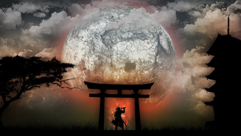 Moon, x, space, japan, 1080P, art, moons, hd, samurai, drawings