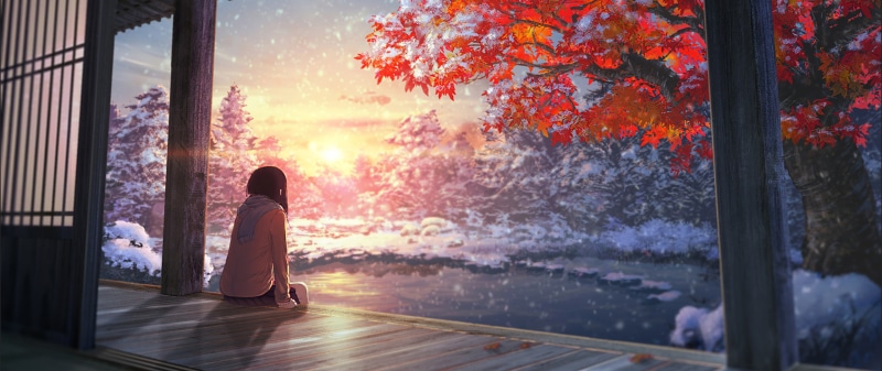 tranquility, women, 2K, adult, outdoors, plant, one person, window, looking through window, rear view, ultra wide japan anime girls artwork snow sunlight