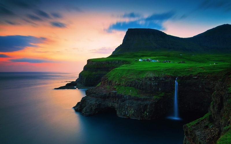 Faroe, Denmark, Village, Mountains, Waterfalls, Islands, Sunset, 1080P