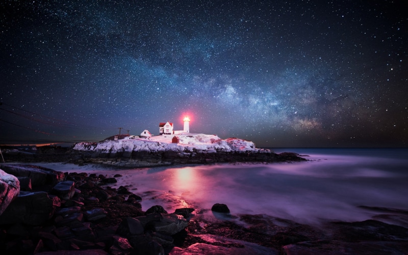 Ocean, 1080P, red, Stars, near, bodies, white, Sky, water, Light, Atlantic, Island, Lighthouse, photo, nighttime, USA