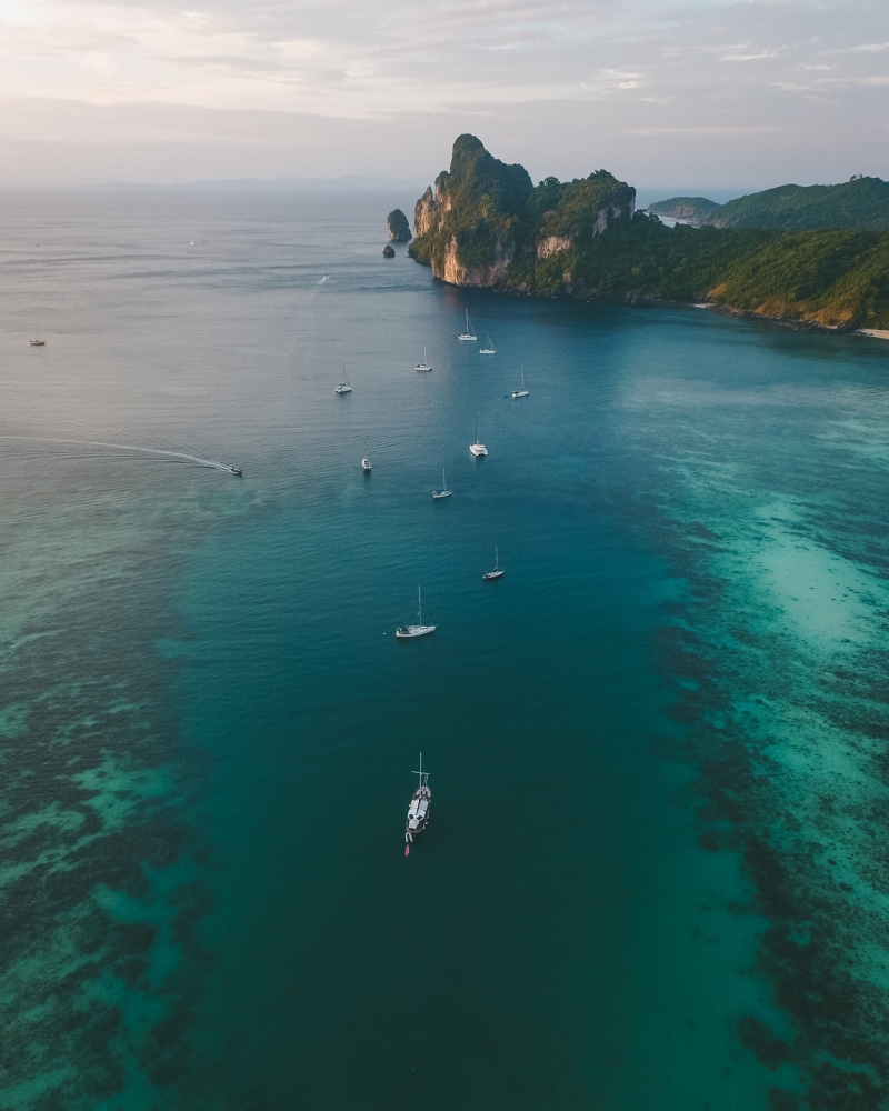 aerial, transportation, mode of transportation, waterfront, tranquil scene, nature, sailing, ocean, sky, travel, horizon over water, near, beauty in nature